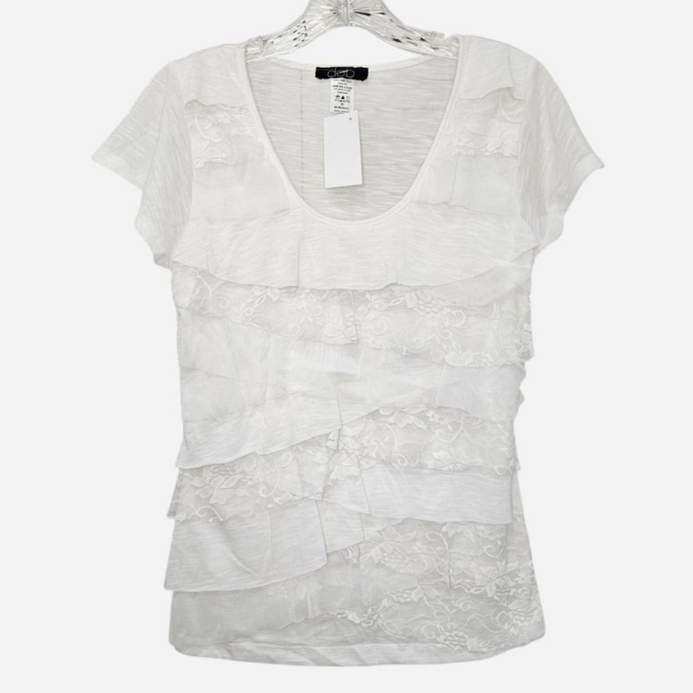 White Deb lace top and layered ruffle Short Sleeve top Women's Size Medium NEW